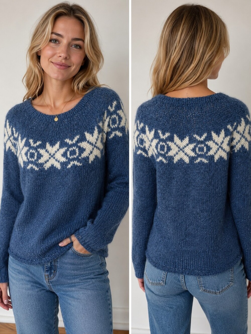 Álafoss Pure Icelandic Wool Sweater Handknit Fair Isle Nordic Blue Ivory NWOT L